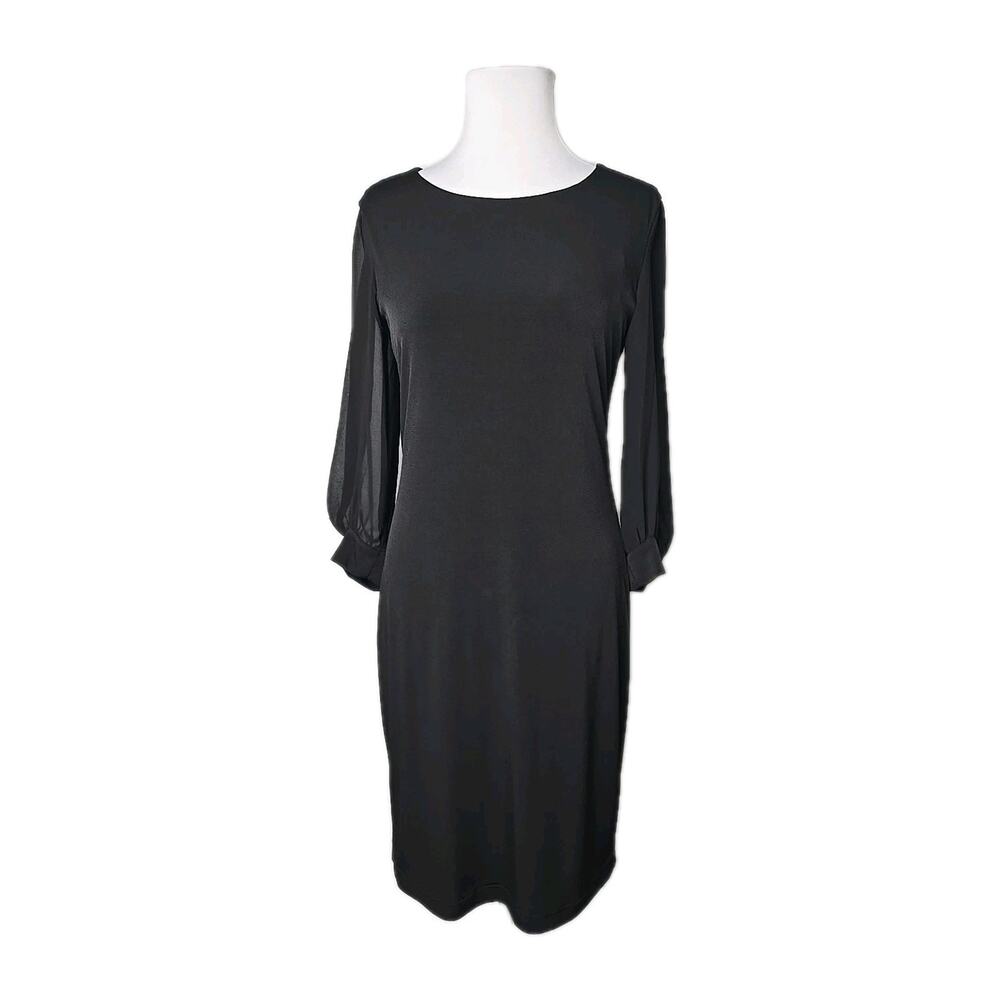Calvin Klein Size XS Black Stretch Knit Dress Chiffon Long Sleeve